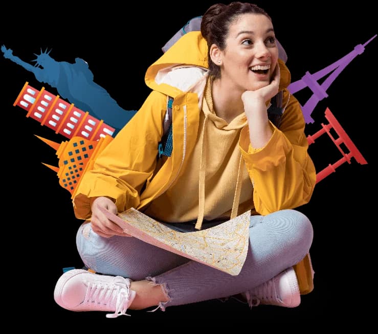 A traveller sitting with an open map, the landmarks of her destinations behind her